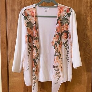 R&M Richards White Cardigan with Orange Floral Design